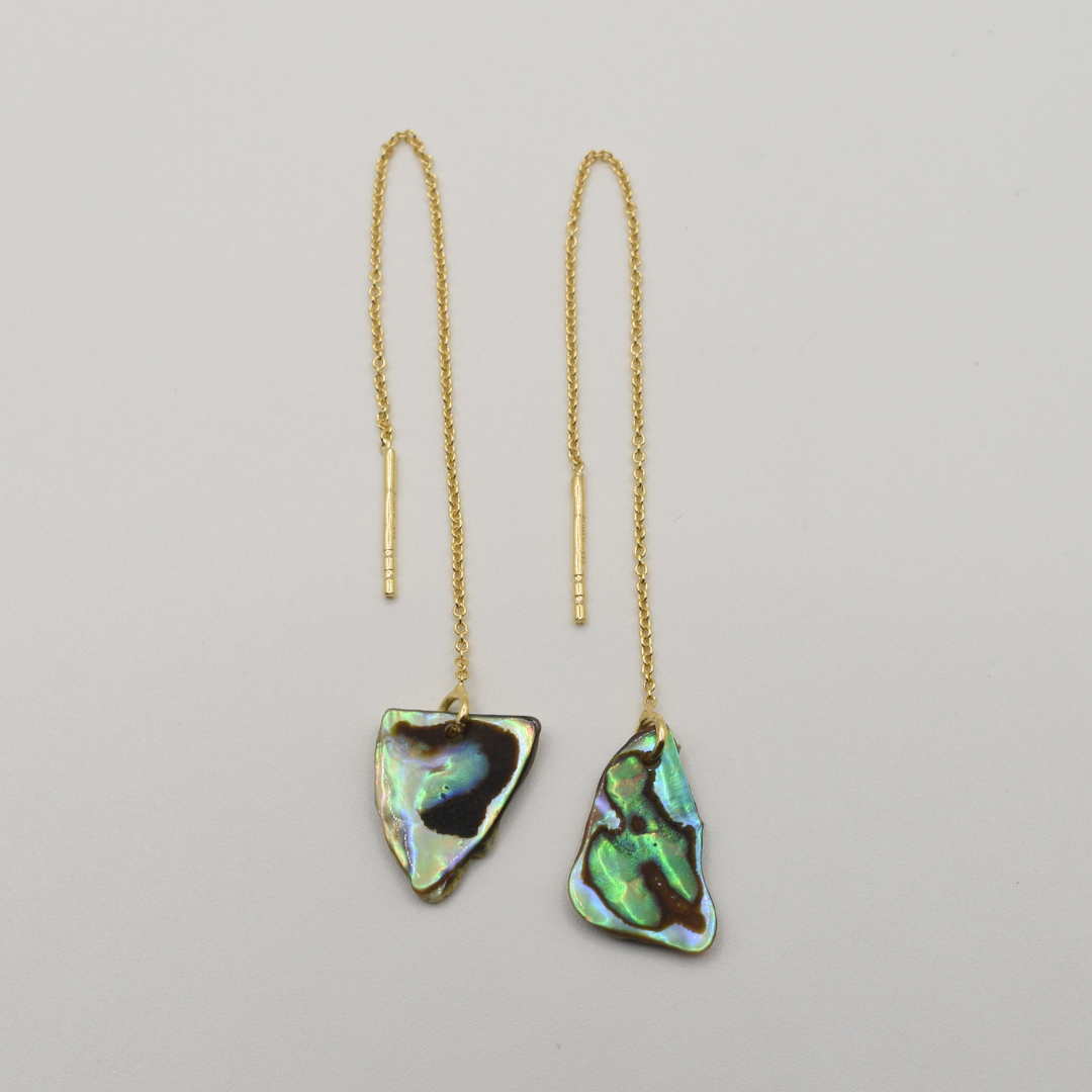 Salty Dreamers' Earrings | Paua Shell Rere feature gold threader earrings with irregular, iridescent New Zealand paua shell pendants, shown on a plain white background.