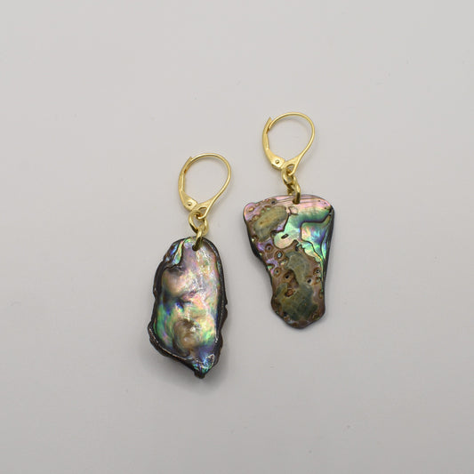 The Salty Dreamers Earrings | Paua Shell Marie feature irregular, iridescent paua shell pendants with gold lever-back hooks, elegantly displayed on a plain white background—a stunning piece of New Zealand jewelry.
