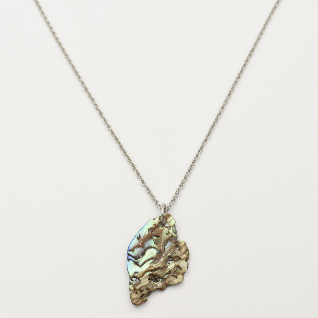 The Necklace | Paua Shell Mahaki by Salty Dreamers features a silver chain with a textured, iridescent pāua shell pendant in green, blue, and gold tones, presented on a white background.