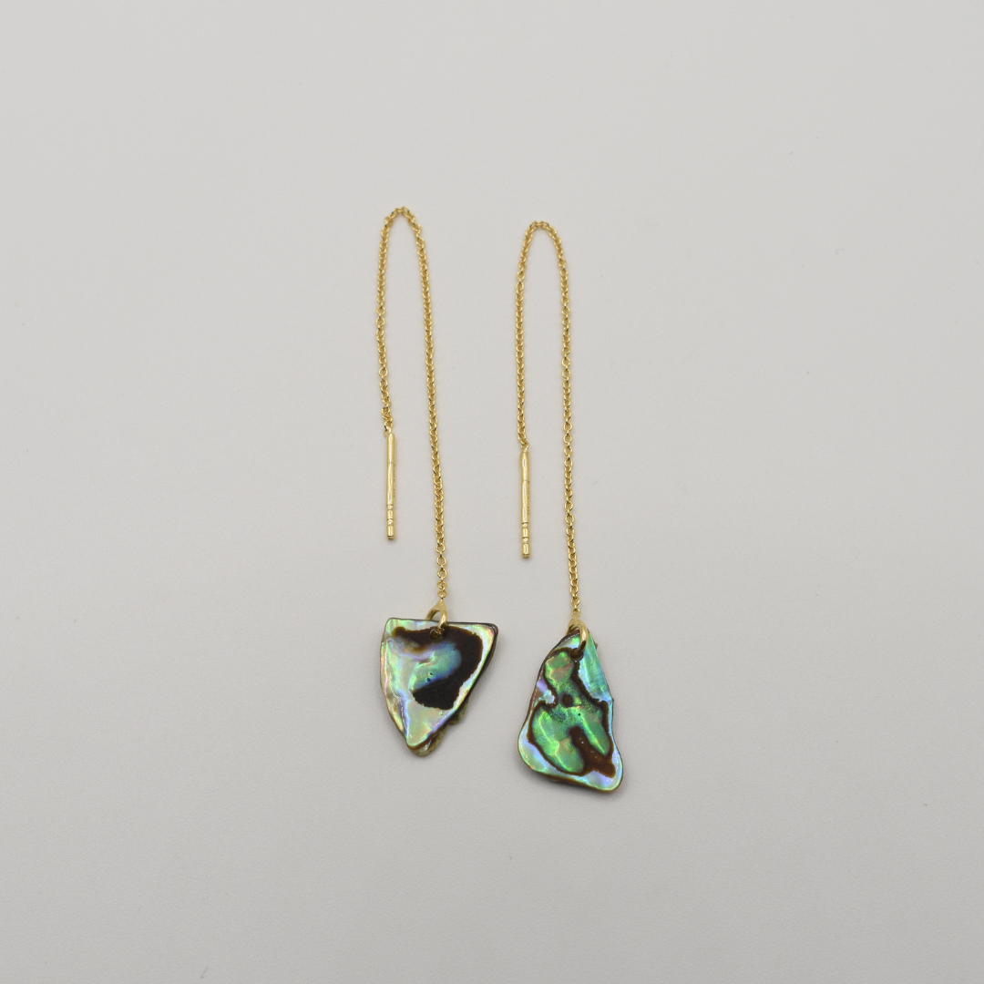 Salty Dreamers' Earrings | Paua Shell Rere: handmade dangle earrings with irregular paua shell pendants, shown on a plain white background.