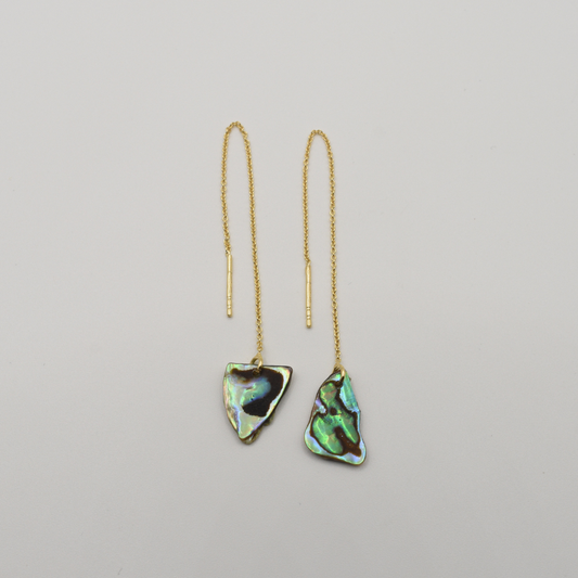 Salty Dreamers' Earrings | Paua Shell Rere: handmade dangle earrings with irregular paua shell pendants, shown on a plain white background.