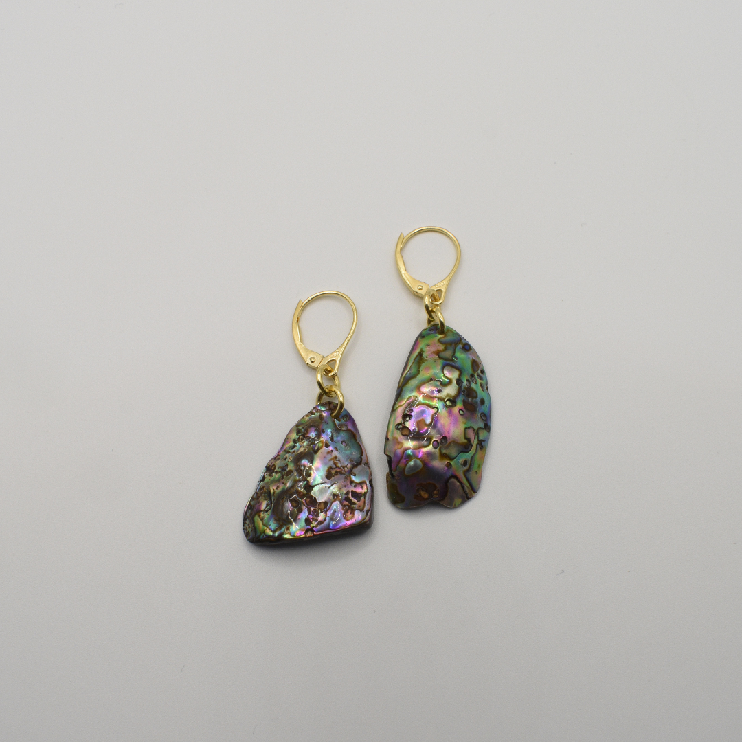 The Salty Dreamers Earrings | Paua Shell Korohea feature irregularly shaped, iridescent pāua shells with gold-plated silver lever-back hooks, shown on a plain white background.