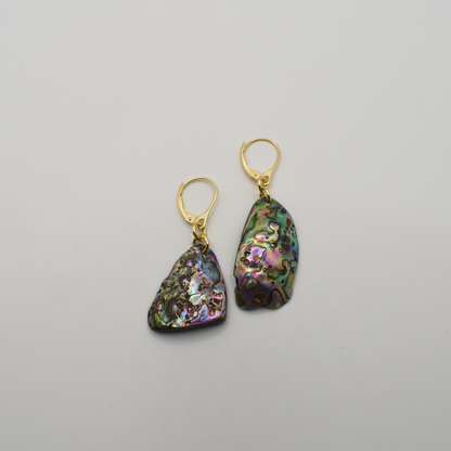 The Salty Dreamers Earrings | Paua Shell Korohea feature irregularly shaped, iridescent pāua shells with gold-plated silver lever-back hooks, shown on a plain white background.