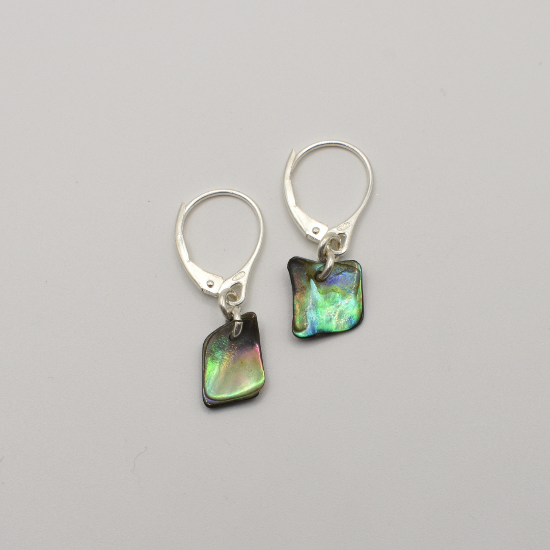 Salty Dreamers’ Earrings | Paua Shell Toroa: 925 silver leverback earrings with square black and green iridescent pāua shell charms, shown on a light gray background.