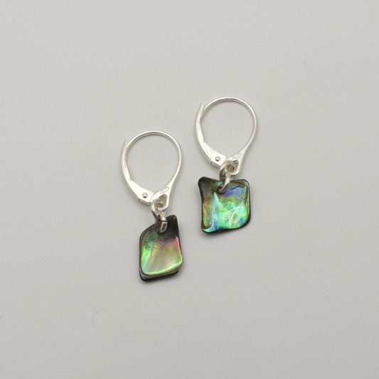 Salty Dreamers’ Earrings | Paua Shell Toroa: 925 silver leverback earrings with square black and green iridescent pāua shell charms, shown on a light gray background.