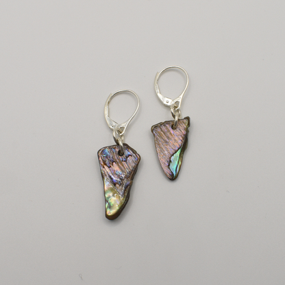 Salty Dreamers’ Earrings | Paua Shell Tai feature handmade, irregular iridescent pāua shell pieces set in 925 silver lever-back hooks, shown against a plain light gray background.