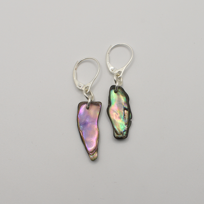 Salty Dreamers’ Earrings | Paua Shell Hine feature handmade, irregular iridescent abalone shells with silver lever-back hooks, shown on a light gray background.