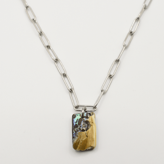 Necklace with a rectangular pendant on a light gray background