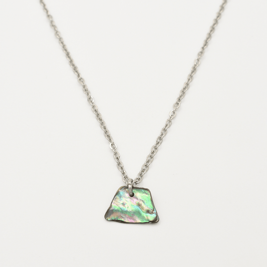 The Salty Dreamers "Necklace | Paua Shell Whenua" features a handmade silver chain with an iridescent, irregular New Zealand abalone pendant in green, purple, and blue tones, displayed against a white background.