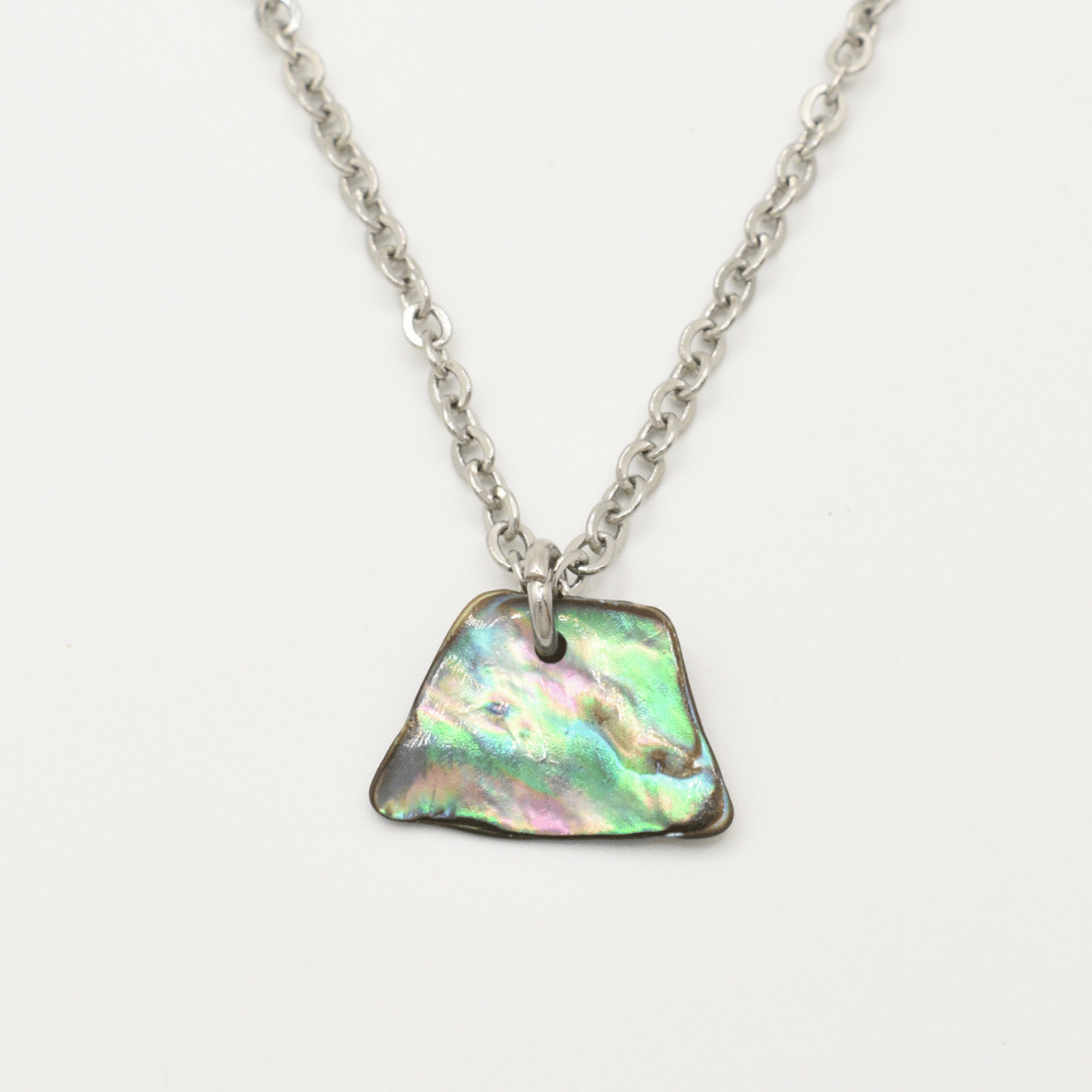 The Necklace | Paua Shell Whenua by Salty Dreamers is a handmade silver chain necklace featuring an irregular, iridescent New Zealand abalone shell pendant, shown against a plain white background.