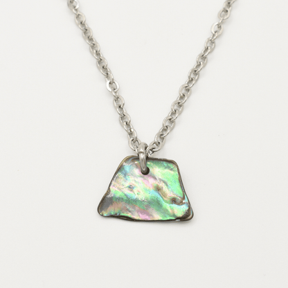The Necklace | Paua Shell Whenua by Salty Dreamers is a handmade silver chain necklace featuring an irregular, iridescent New Zealand abalone shell pendant, shown against a plain white background.
