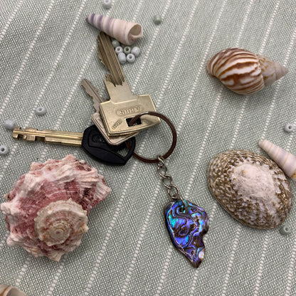 Abalone Keychain with keys on a green blanket