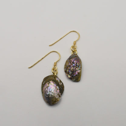 Salty Dreamers Earrings | Paua Shell Mahaki are gold-plated silver hook earrings with iridescent oval pāua shell pendants, shown on a plain white background—an elegant handmade accessory for any occasion.