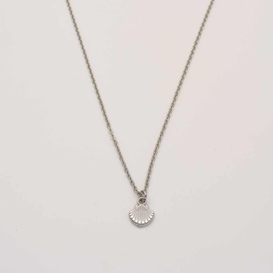 stainless steel necklace with a shell pendant on a light gray background