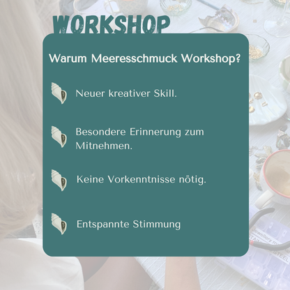 Teal workshop flyer with text on a blurred background of seashells and jewelry.