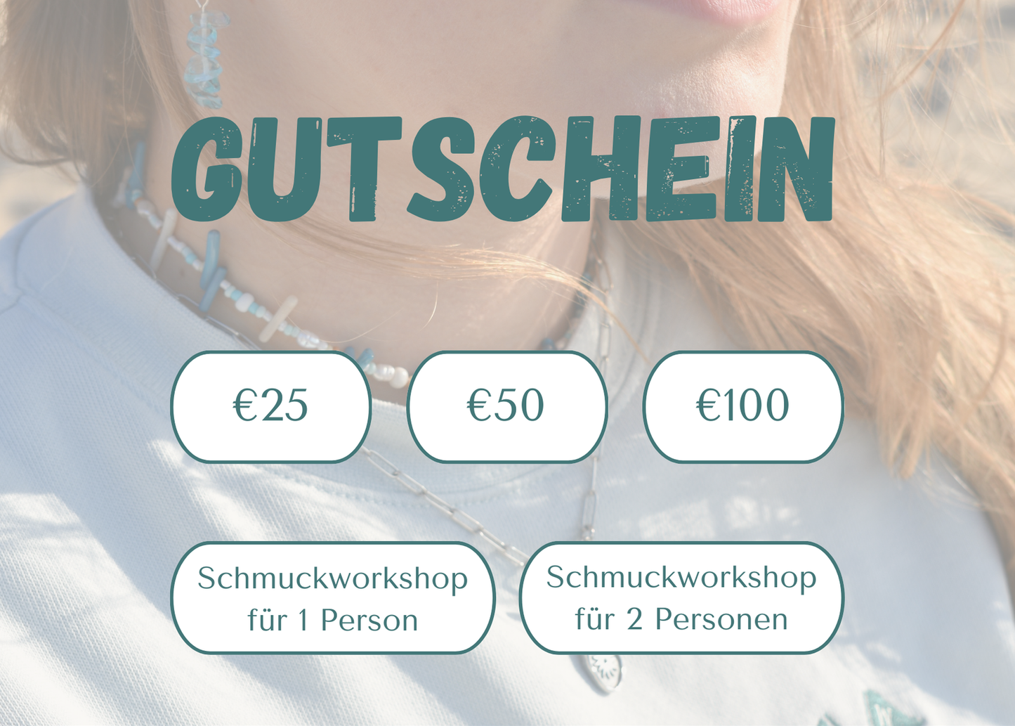 The Gift Card Salty Dreamers by Salty Dreamers offers €25, €50, or €100 options and jewelry workshops for 1 or 2. Features a close-up of a woman with ocean-inspired accessories and German text—perfect for ocean lovers.